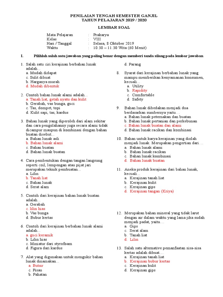 2019 Uts Soal Prakarya Kls 8 Kerajinan Sm1