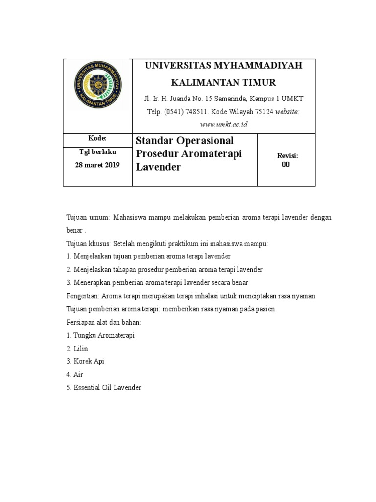Standar Operasional Prosedur Aromaterapi Lavender PDF