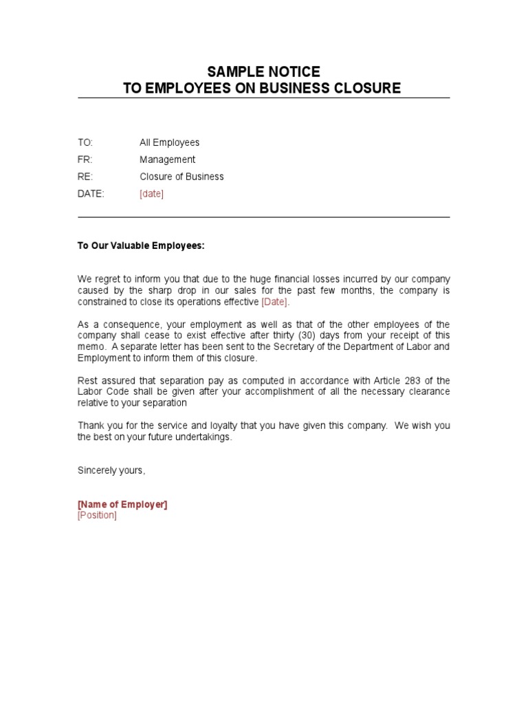 Business Closure Notice to Employees | PDF | Business | Finance & Money ...