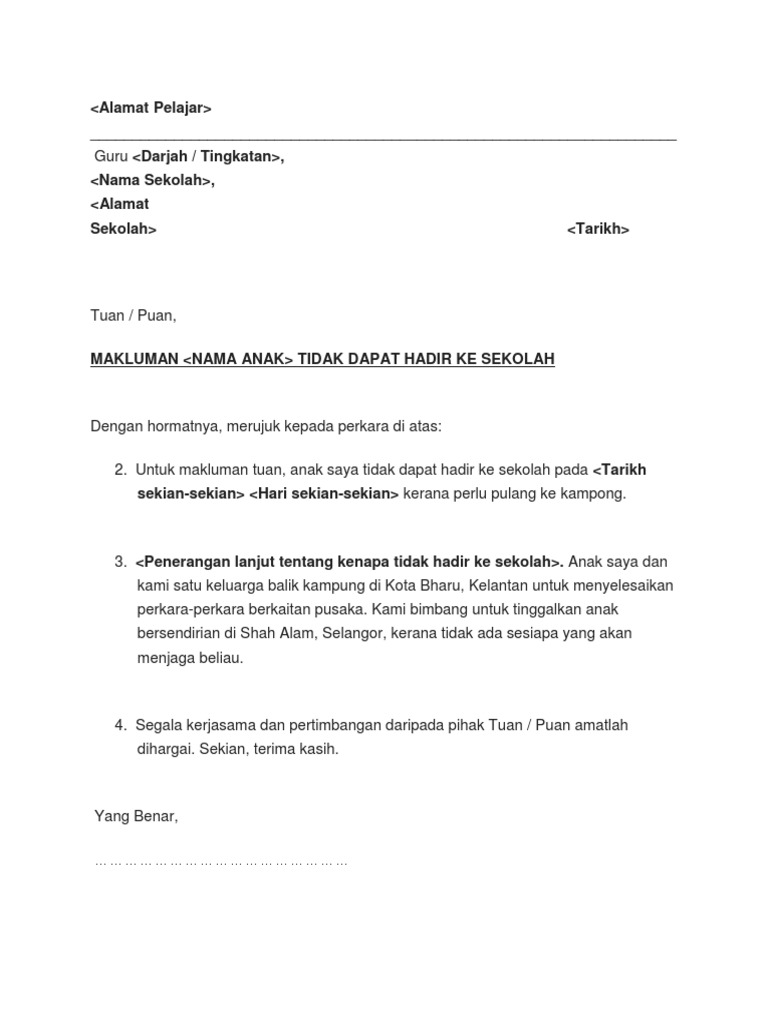 Contoh Surat Tidak Hadir Balik Kampung Pdf