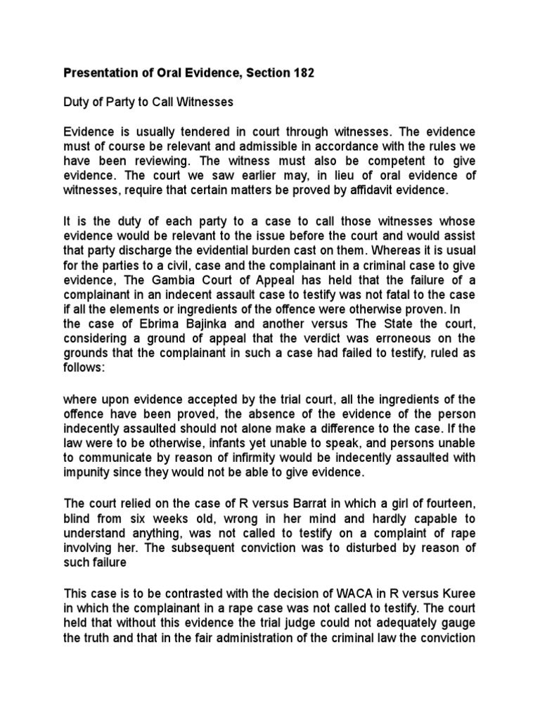 Presentation of Oral Evidence Evidence (Law) Witness