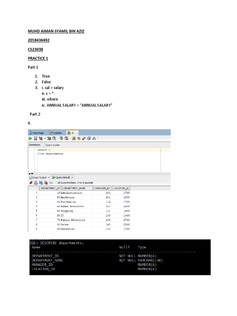 Oracle Database Practice 1 | PDF