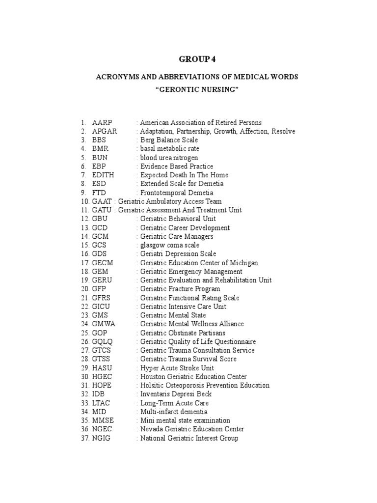 Group 4 Acronyms and Abbreviations of Medical Words "Gerontic Nursing