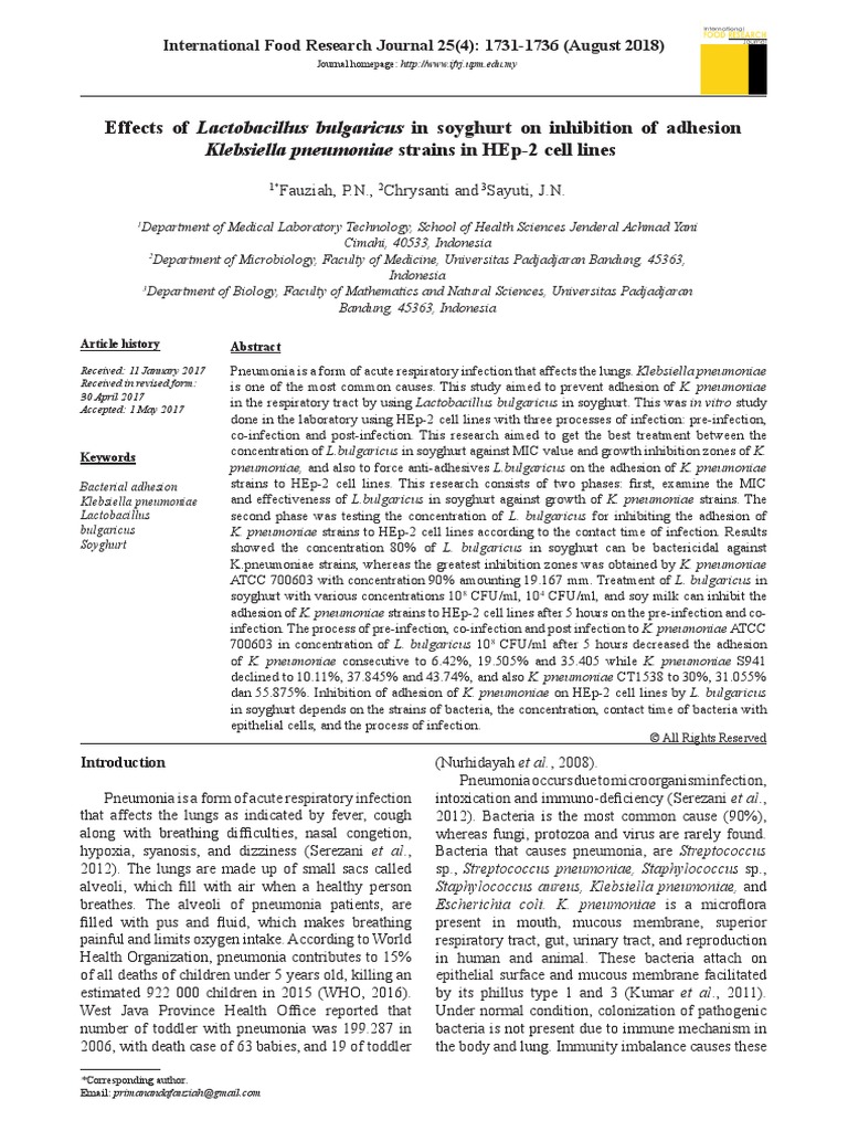 Effects of Lactobacillus Bulgaricus in Soyghurt On Inhibition of ...