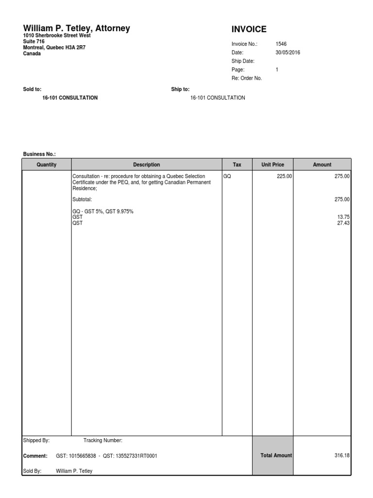 William P. Tetley, Attorney Invoice: 1010 Sherbrooke Street West Suite ...