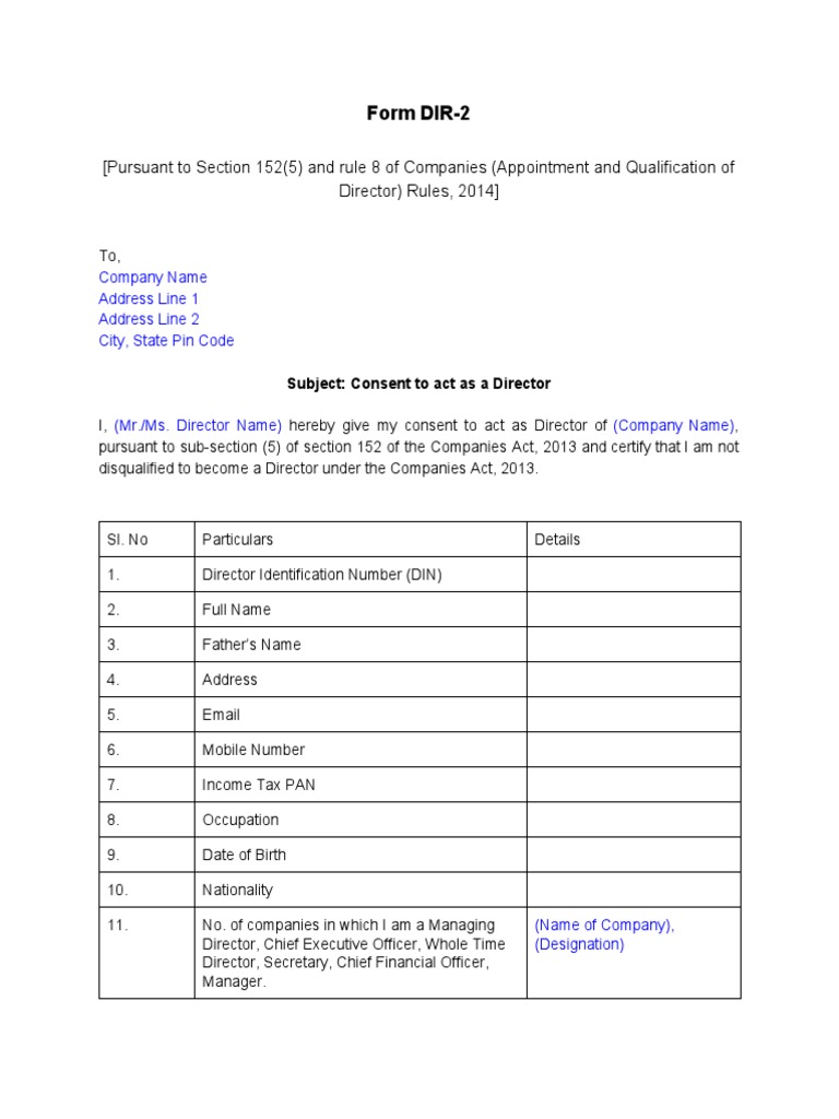 Form DIR 2: (Pursuant To Section 152 (5) and Rule 8 of Companies ...