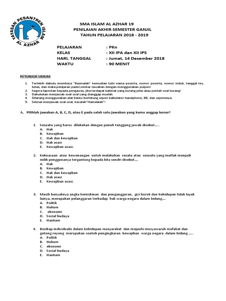 Soal Uh Kls Xii Hak Dan Kewajiban