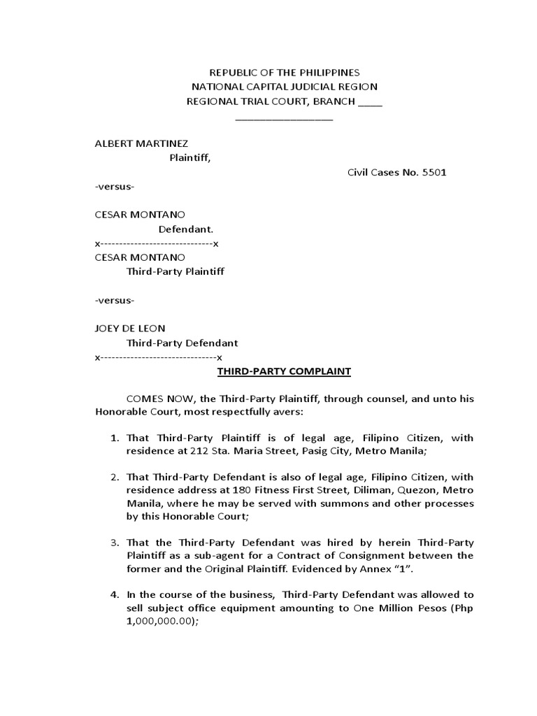RTC Branch civil case third party complaint PDF Complaint Common Law