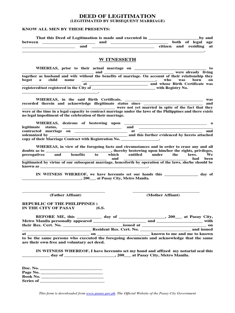 Deed of Legitimation | Download Free PDF | Birth Certificate | Marriage