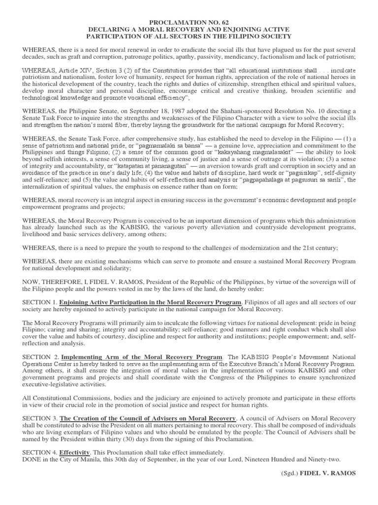 Proclamation No. 62 Declaring A Moral Recovery and Enjoining Active ...