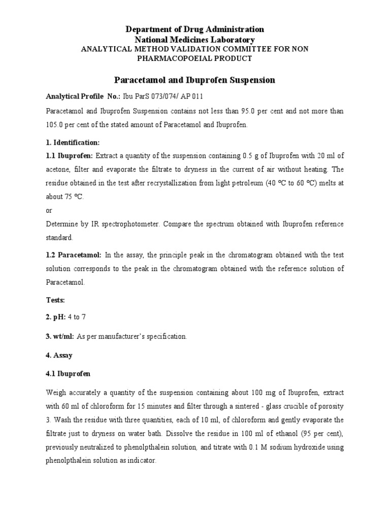 Paracetamol and Ibuprofen Suspension Analysis | PDF | Solution | Solvent