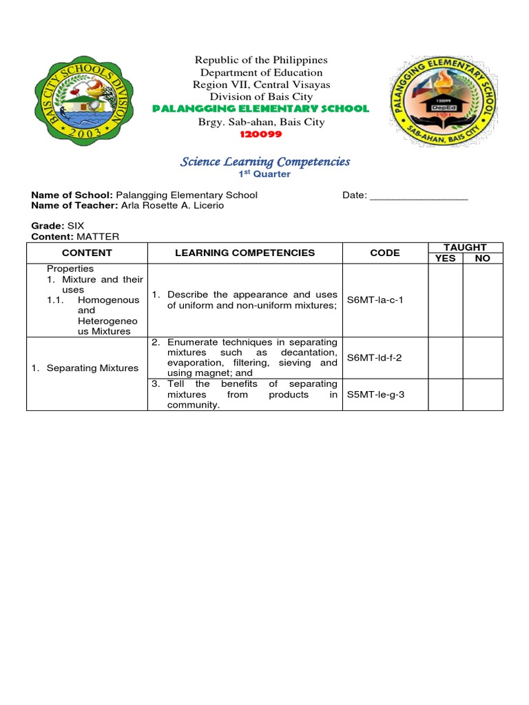 Science Competencies for Grade 6 Matter | PDF