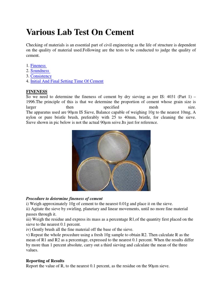 Various Lab Test On Cement | Download Free PDF | Percentage | Cement
