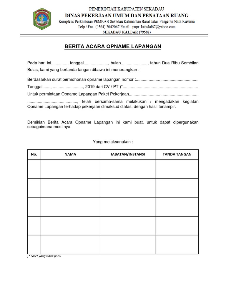 Berita Acara Opname Lapangan 2019 | PDF | Bisnis