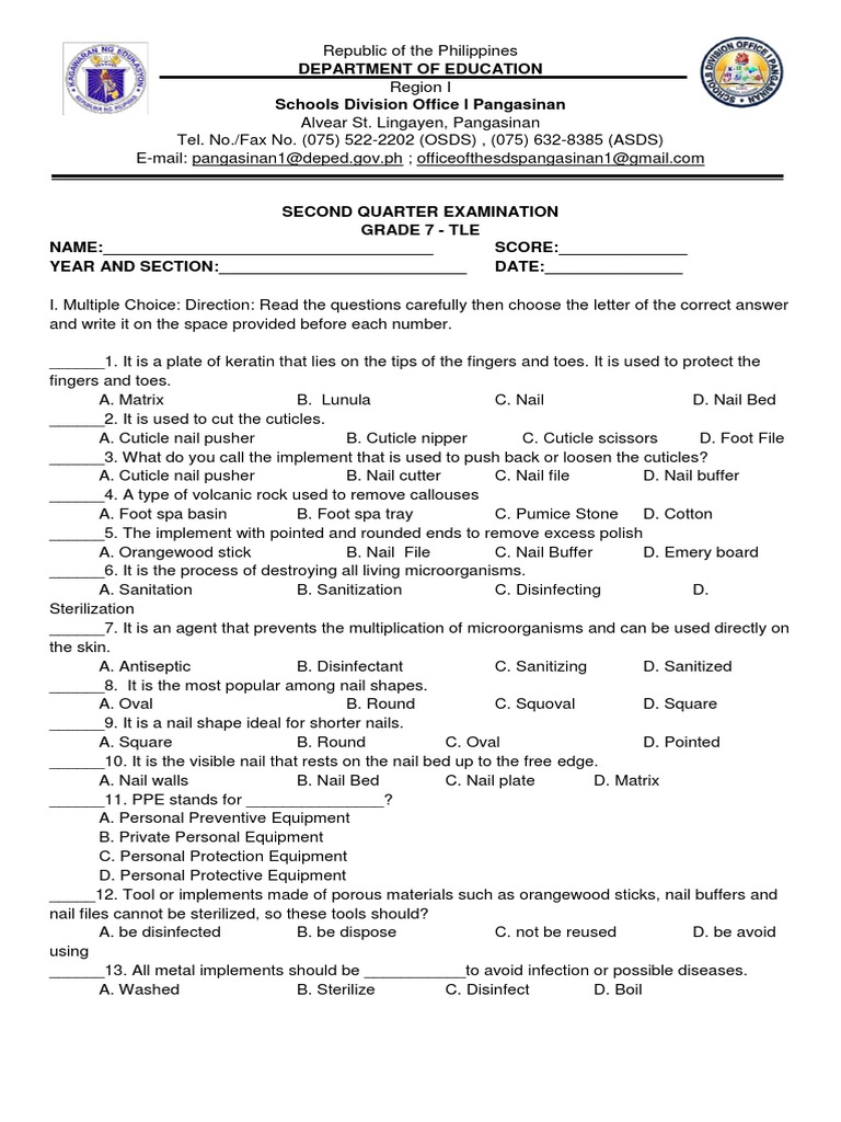 2nd Periodical Test in Tle 7 Nail (Anatomy) Personal Protective