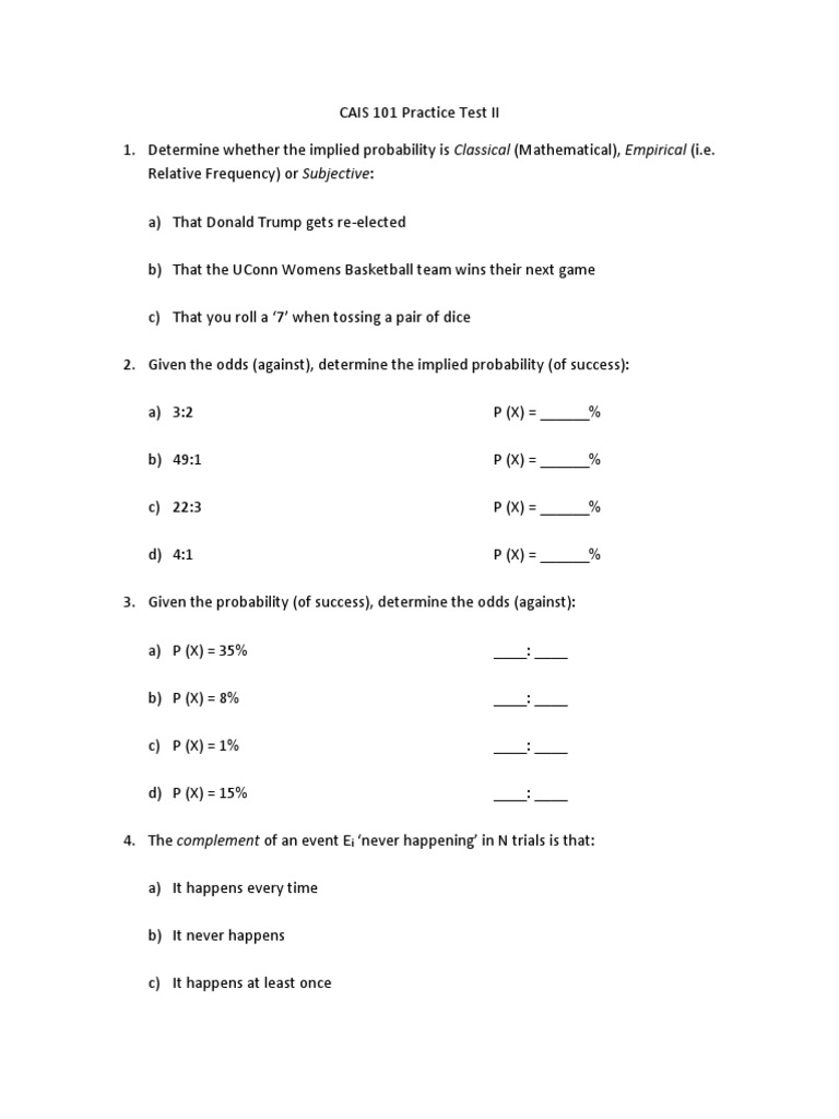 CAIS 101 Probability Practice Test | PDF | Probability | Probability ...