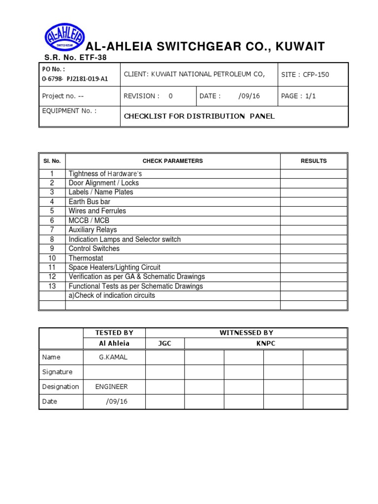 Distribution Panel Checklist for KNPC | PDF | Computers | Technology ...