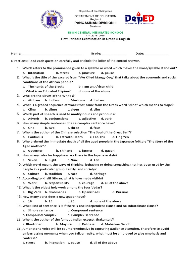 Grade 8 English Periodic Exam Guide | PDF | Preposition And ...