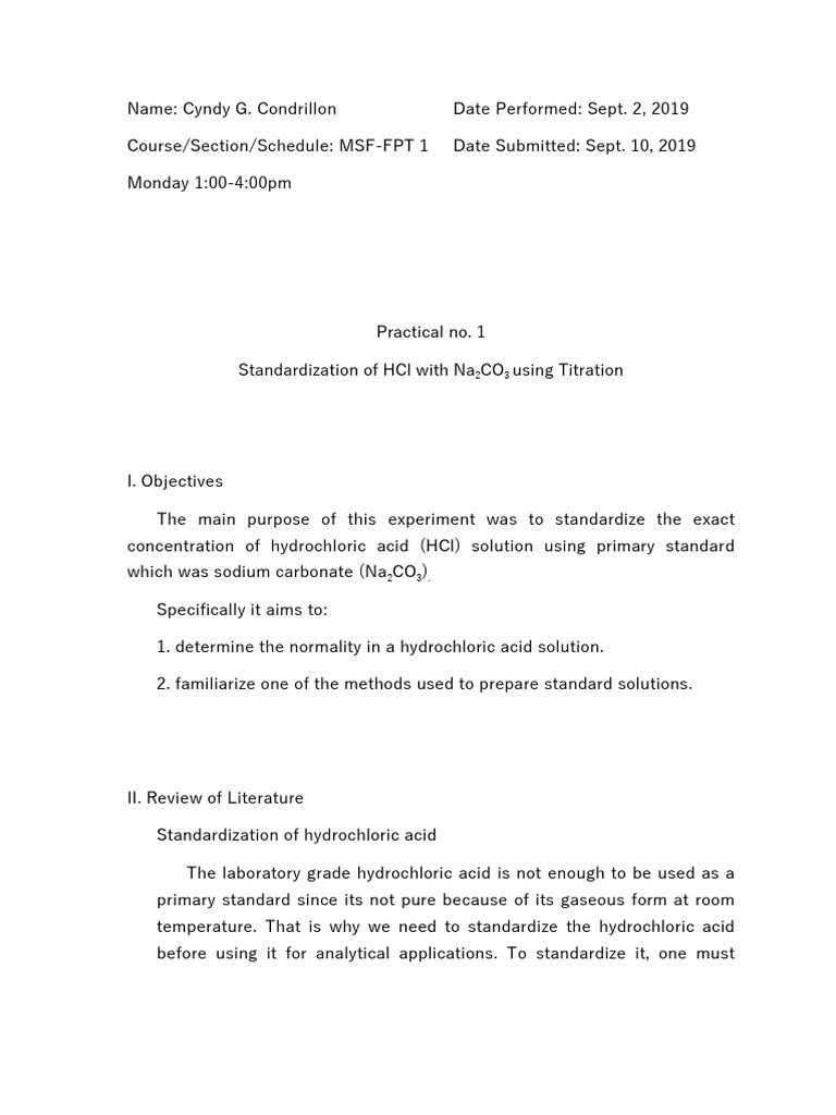 Standardization of HCL | PDF | Hydrochloric Acid | Sodium Bicarbonate