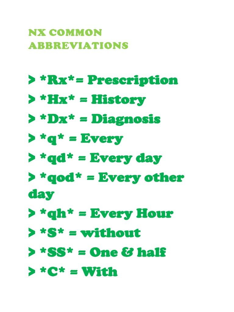 RX Prescription HX History DX Diagnosis Q Every QD Every Day Qod Every