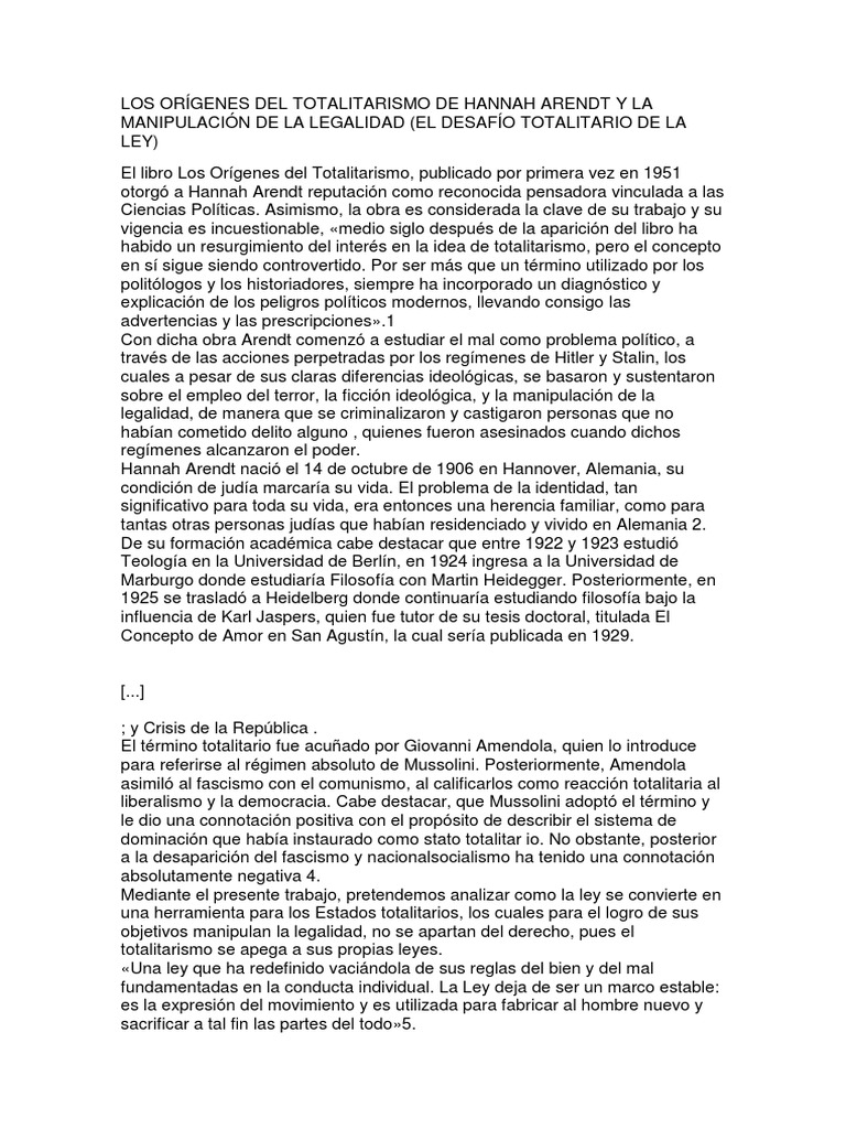 Hannah Arendt Le Origini Del Totalitarismo Riassunto