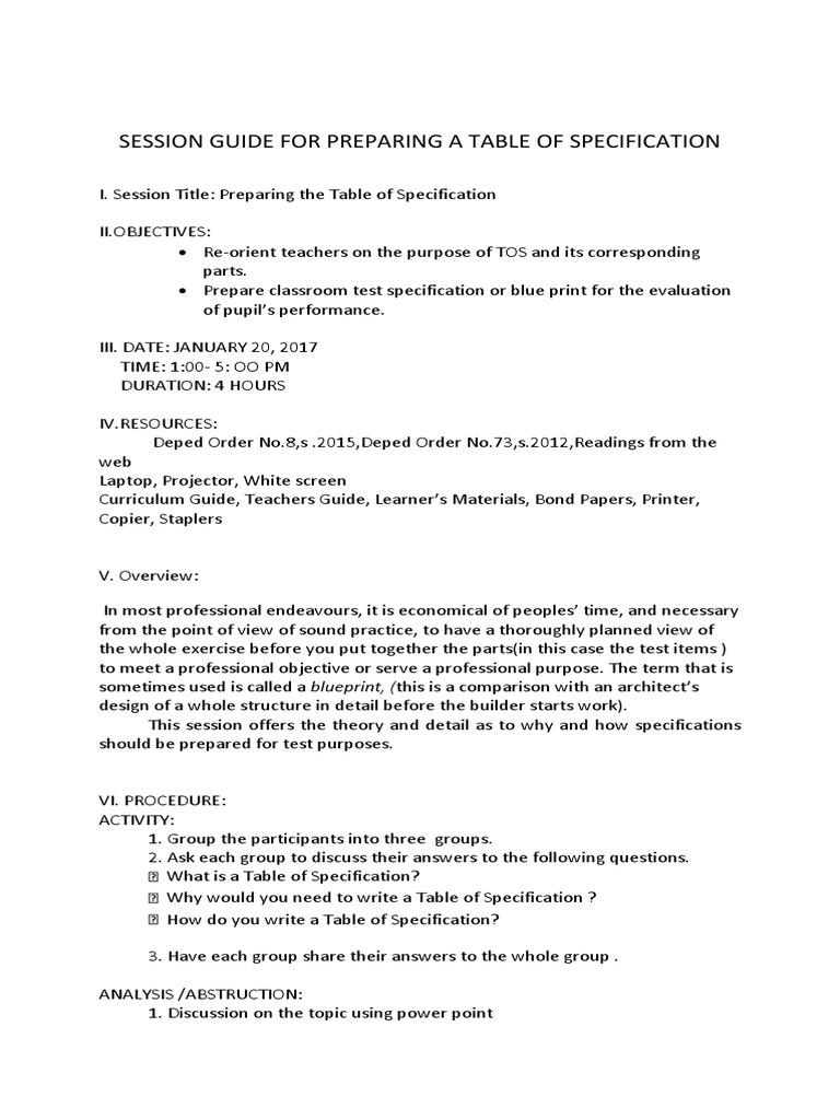 Table of Specification Workshop Guide | PDF