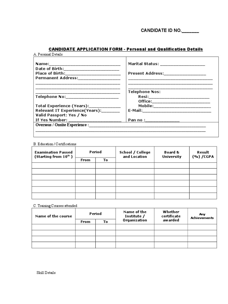 CANDIDATE APPLICATION FORM - Personal and Qualification Details | PDF ...