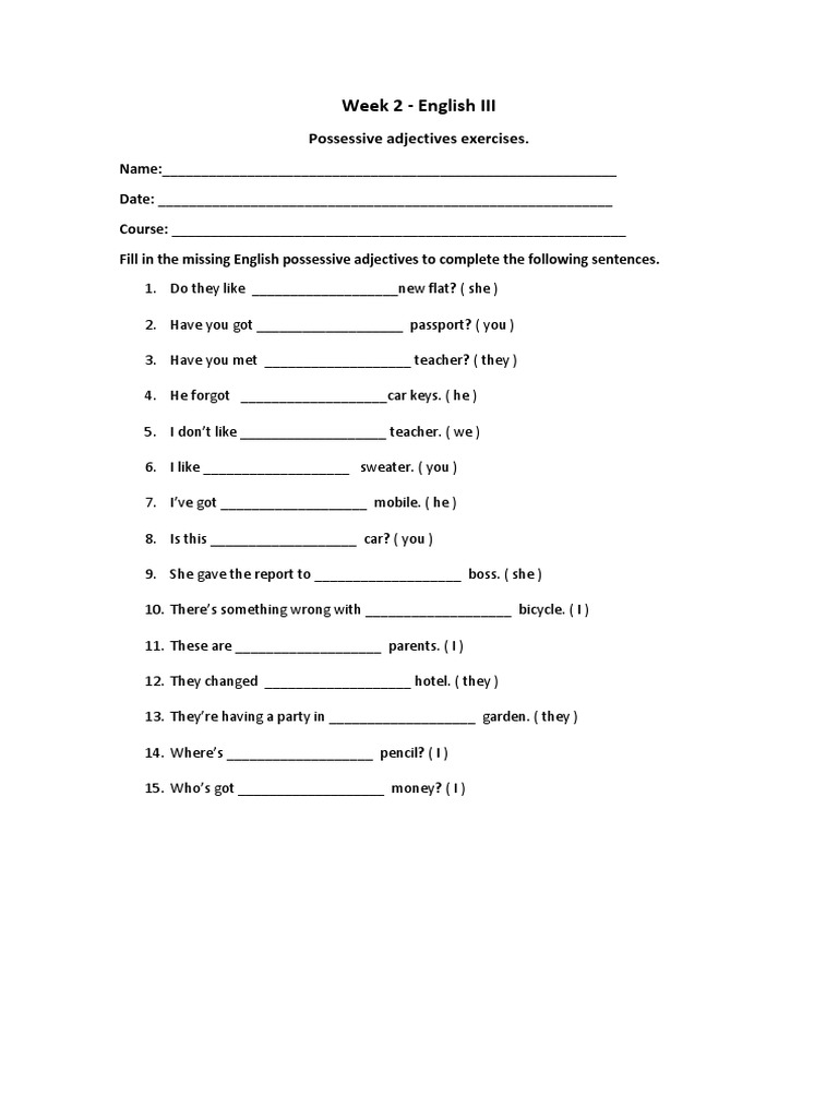 Possessive Adjectives Exercises for English III | PDF | Language Arts ...