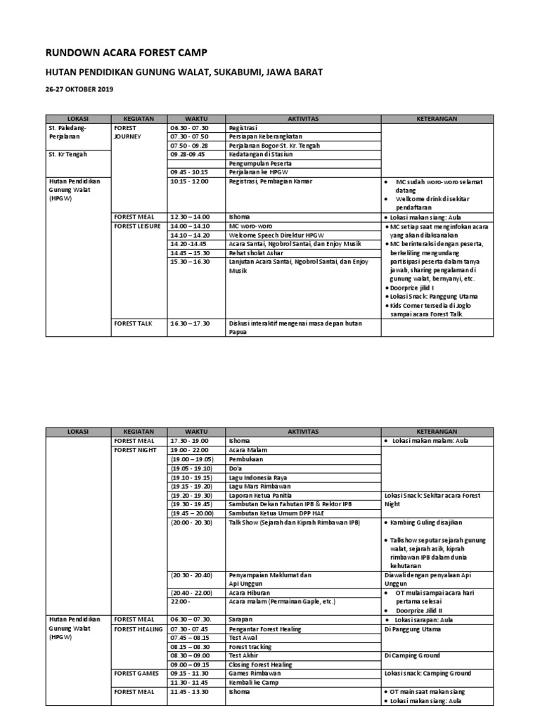 Rundown Acara Forest Camp 2019 | PDF
