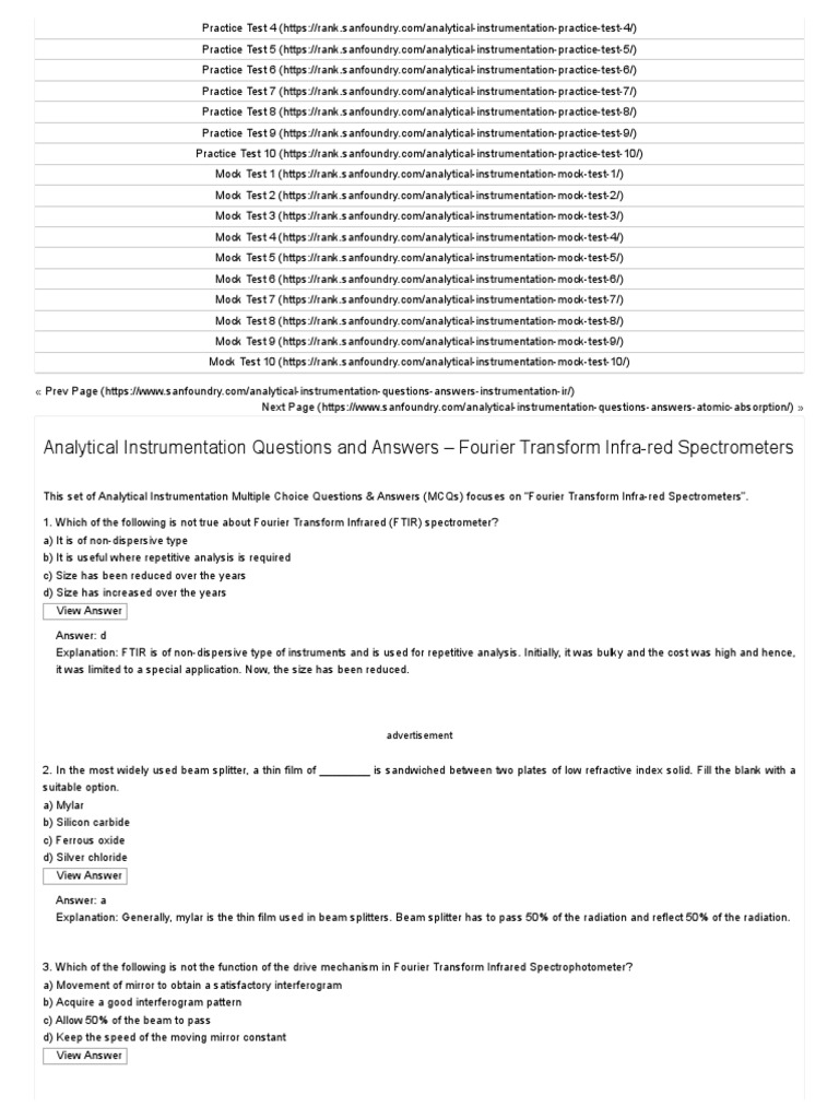Analytical Instrumentation Questions and Answers Fourier Transform