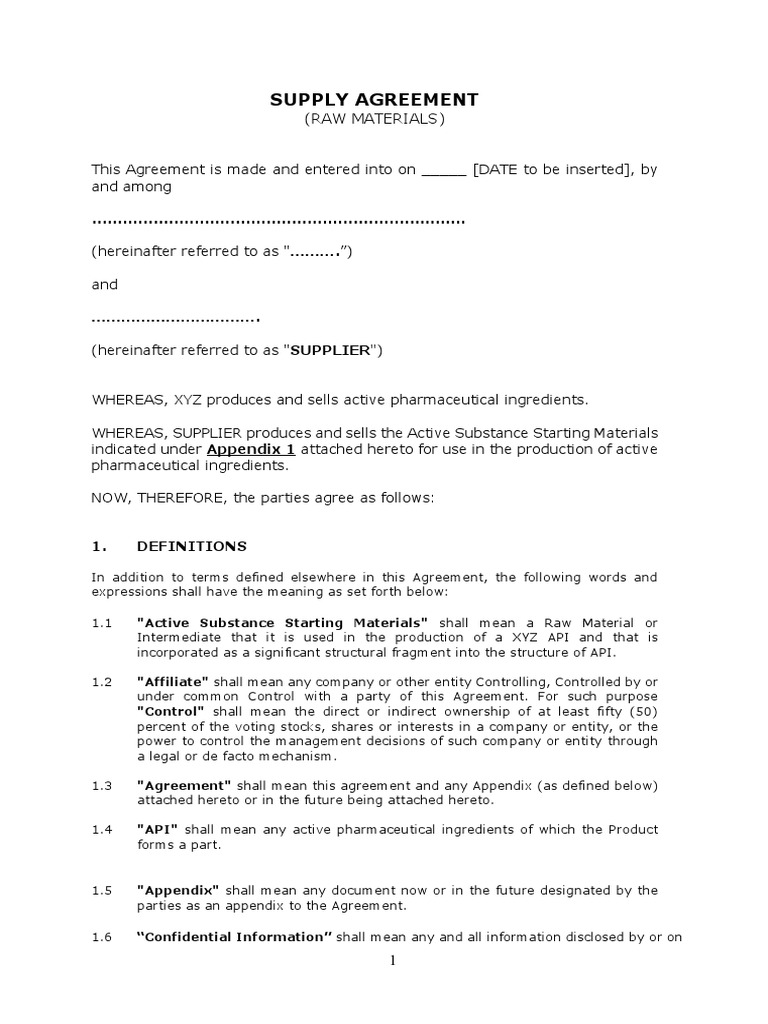 Supply Agreement (Raw Materials) PDF Confidentiality Contractual