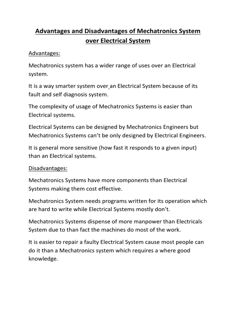 Advantages and Disadvantages of Mechatronics System Over Electrical ...