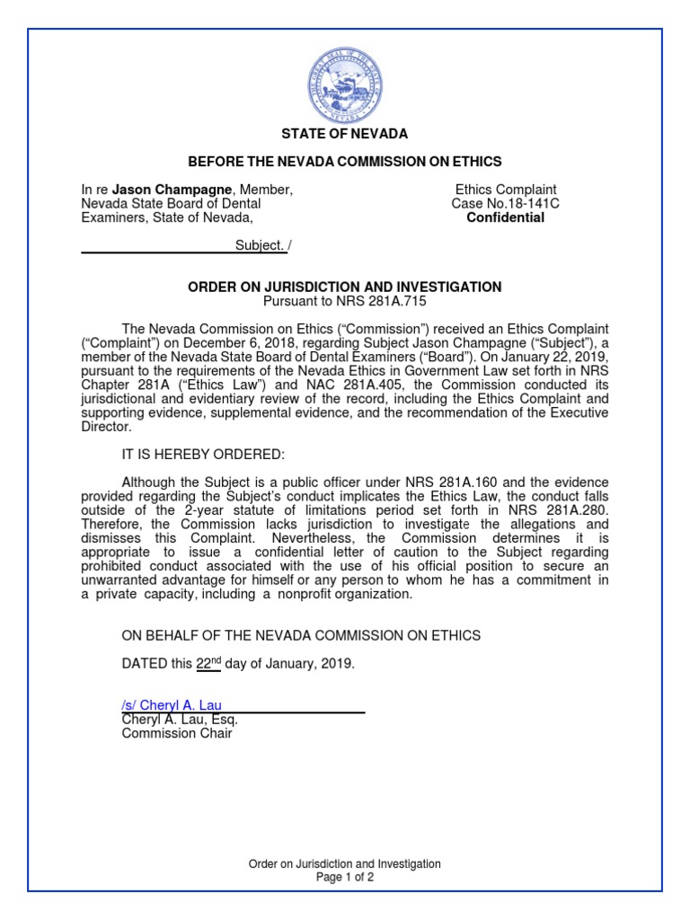 Ethics Caution Letters To Dental Board Members Gregory J. Pisani and