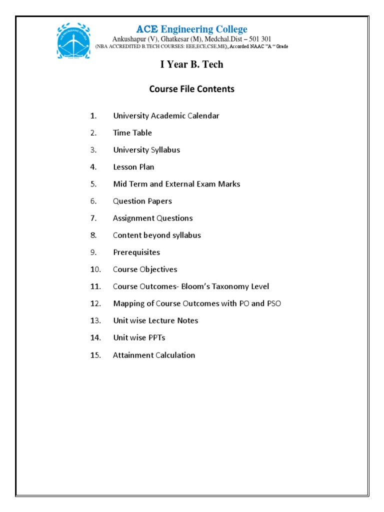 I Year B. Tech Course File Contents: ACE Engineering College | PDF