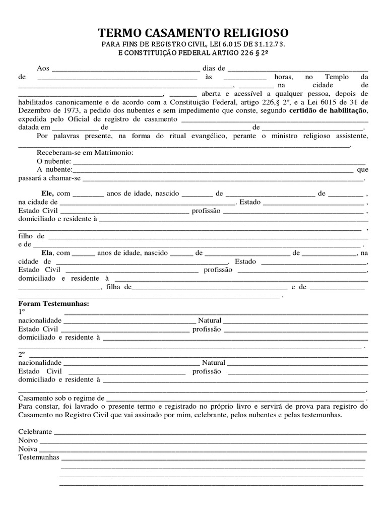 Termo Casamento Religioso Com Efeitos Civil - em Branco | PDF ...