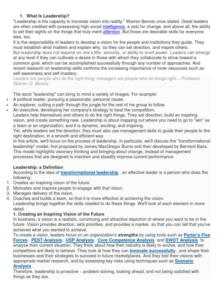 Leadership vs. Management: Bennis Insights | PDF | Goal | Leadership