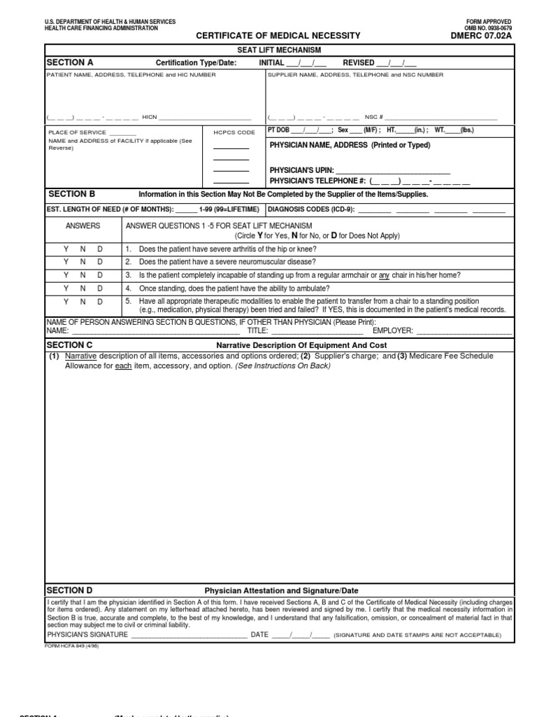 Assessing Medical Necessity for a Seat Lift Mechanism A Certificate of Medical Necessity Form