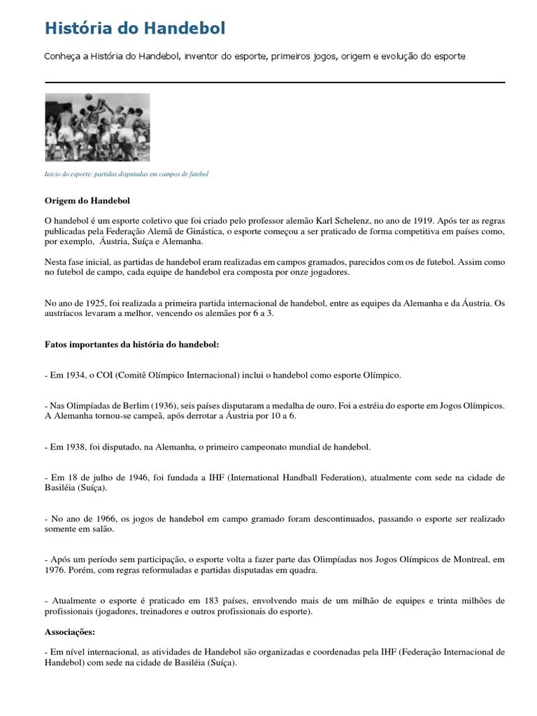 História e Origem do Handebol | PDF | Atletismo (esporte) | Futebol