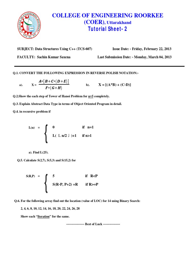 Data Structures C++ Tutorial Sheet | PDF