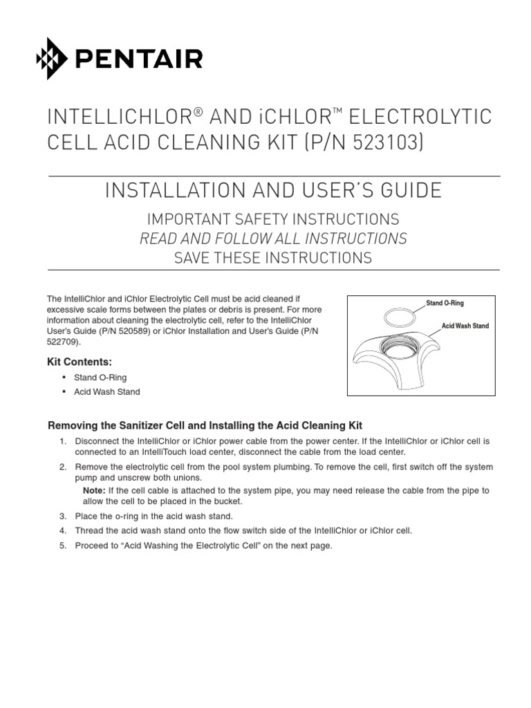 IntelliChlor Electrolytic Cell Acid Cleaning Kit Instructions English