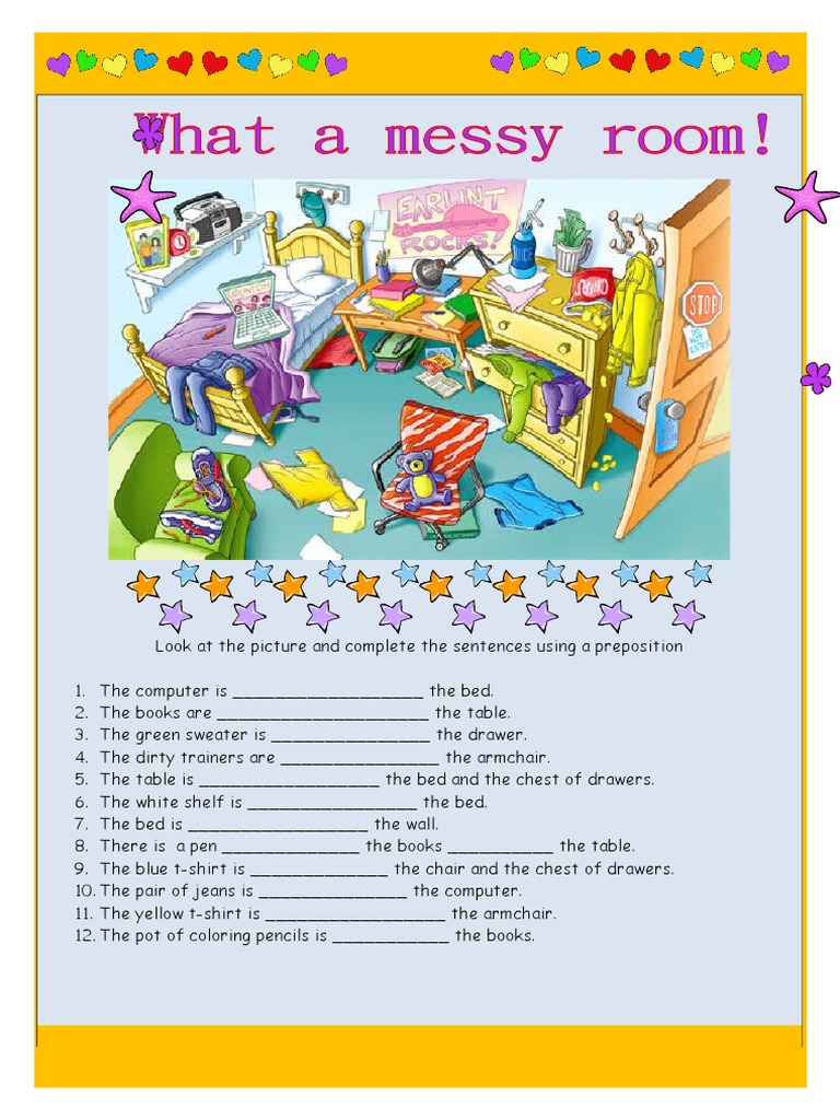 Prepositions in a Messy Room Worksheet | PDF
