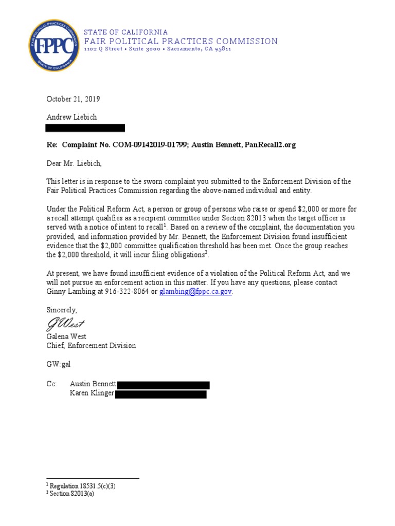 FPPC Response to Recall Complaint | PDF | Law