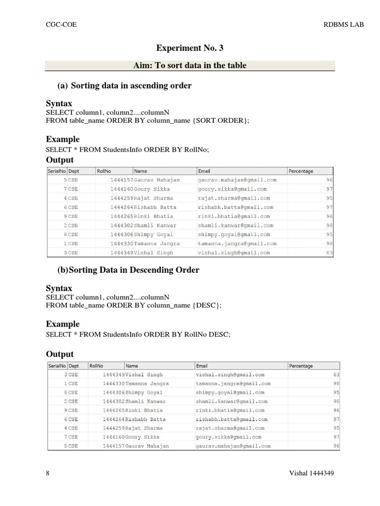 Experiment No. 3 Aim: To Sort Data in The Table (A) Sorting Data in ...