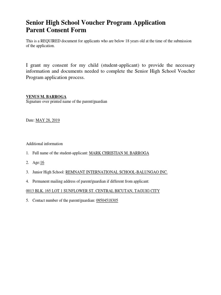 Parent Consent for SHS Voucher | PDF | Social Science
