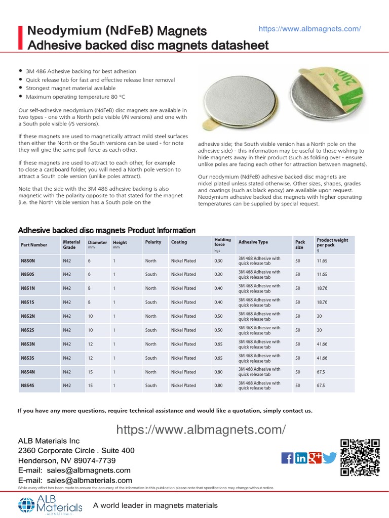 3M Adhesive Backed Rare Earth Neodymium NdFeB Disc PDF