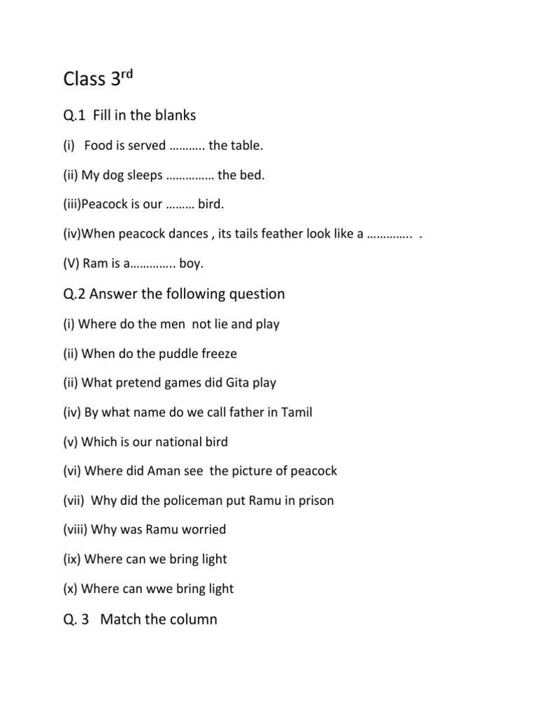 Class 3 English Fill in the Blanks | PDF