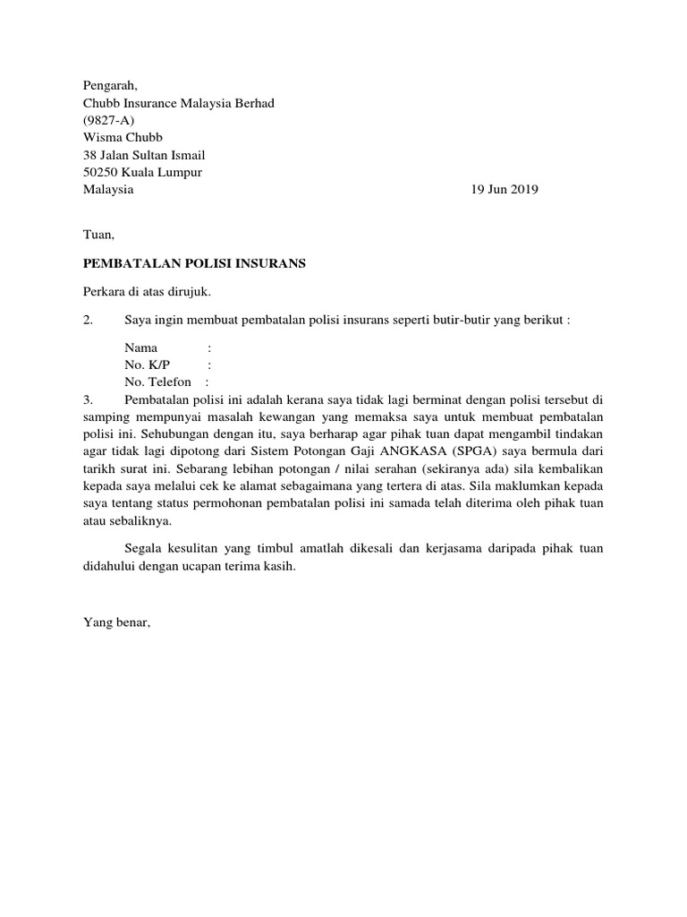 Cara Pembatalan Polisi Insurans Dan Contoh Surat Pembatalan
