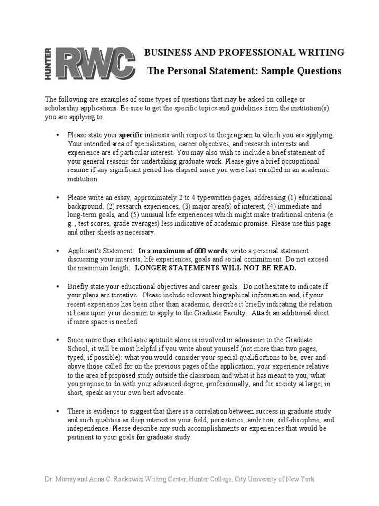 The Personal Statement Sample Questions  PDF  Postgraduate