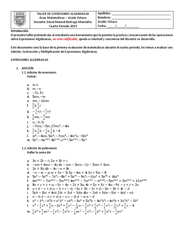 01 - Taller Expresiones Algebraicas | PDF | Álgebra abstracta ...