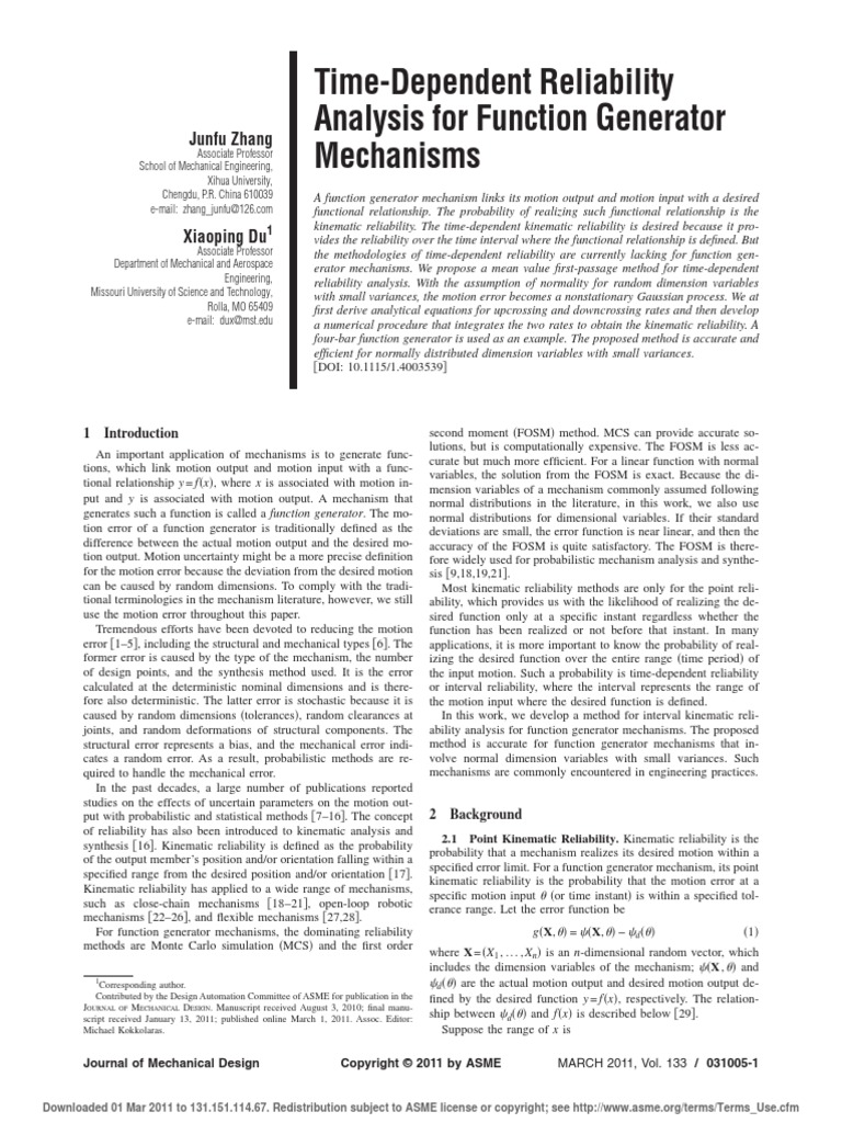 Time-Dependent Reliability Analysis For Function Generator Mechanisms ...